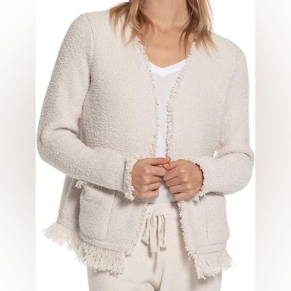 Barefoot Dreams CozyChic Fringed Jacket in Almond Size Small